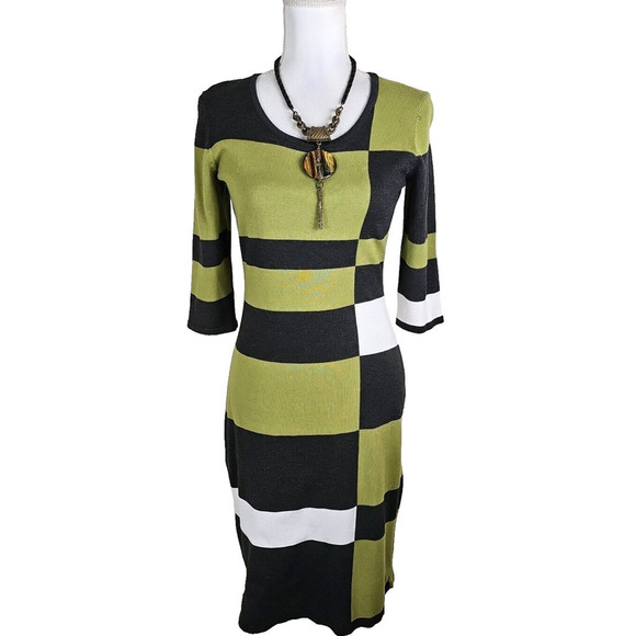 Danny & Nicole ~Woman Size M~ Green/Gray Striped Sweater Knit Dress 3/4 Sleeve. - Picture 8 of 11